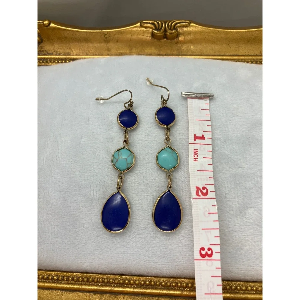 Gold Tone Blue and Turquoise Faux Stone Triple Drop Dangle Earrings‎ Boho Luxury